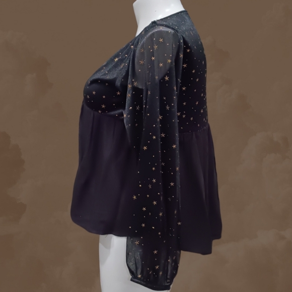 UMGEE Peasant Blouse Ballon Sheer Sleeve Plunge Neck Casual Top Gold Accent Sz M - Picture 3 of 12